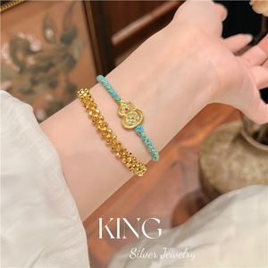 Pulsera Qinglan Treasure Gourd de Plata de Ley 925 Chapada en Oro con Cordón Trenzado, Estilo Chino Moderno, Joyería Unisex - Product Image 4