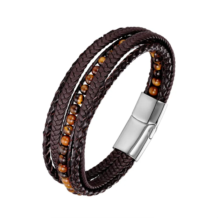 Fashion stainless steel stackable bracelets leather wristband natural stone bracelet with beads