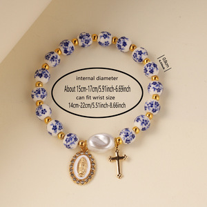 Irregularly Shaped Blue-and-White Porcelain Bead <b>Bracelet</b> With <b>WWJD</b> Letter Pendant Cross Unisex Wholesale Yiwu L1396 Irregular S - Product Image 4