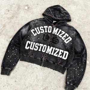 เสื้อฮู้ดดี้แบบมีซิป แต่งเพชร กลิตเตอร์ ปักลายซันเฟด สไตล์วินเทจ ทำสีซีดแบบย้อนยุค ล้างสีแบบแอซิดวอช ประดับคริสตัล - Product Image 1