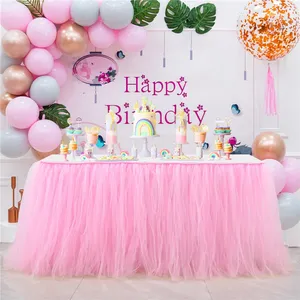 Pink Rectangle Polyester Banquet Stretch Table Cover Party Wedding Tulle Rainbow Table Skirt for decoration