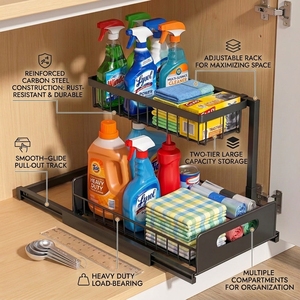 Organisateur <span class=keywords><strong>sous</strong></span> évier robuste en acier au carbone à 2 niveaux avec panier en maille à rail coulissant, capacité de charge de 15 kg, pour <span class=keywords><strong>armoire</strong></span>, garde-manger et salle de bain - Product Image 1