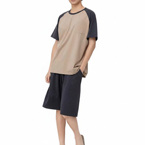 เซ็ตสั้นกีฬาสำหรับผู้ชายชุดฤดูร้อนสั้นผ้าฝ้าย100% ธรรมดา2024โพลีเอสเตอร์พิมพ์สีบล็อคตัวอักษรกับกางเกงขาสั้นออกแบบได้ตามต้องการ - Product Image 1