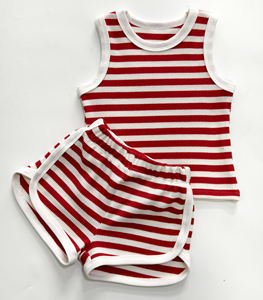 Set di abbigliamento per bambini di qualità per bambini estivi con canotta <span class=keywords><strong>e</strong></span> pantaloncini da Waffle personalizzati a righe rosse <span class=keywords><strong>e</strong></span> bianche - Product Image 3