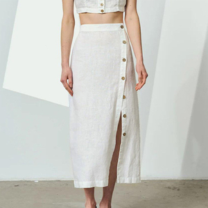 <span class=keywords><strong>Gonna</strong></span> Enyami in Lino e Cotone, Dritta e Ampia, Beige e <span class=keywords><strong>Nera</strong></span>, da Donna, Primavera-Estate, per Ufficio e Casual, <span class=keywords><strong>con</strong></span> <span class=keywords><strong>Spacco</strong></span> Posteriore e Bottoni - Product Image 1
