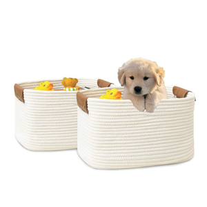 Cotton Rope Baskets Set of 2 Woven Basket Medium Rectangular Storage Basket with Leather Handles