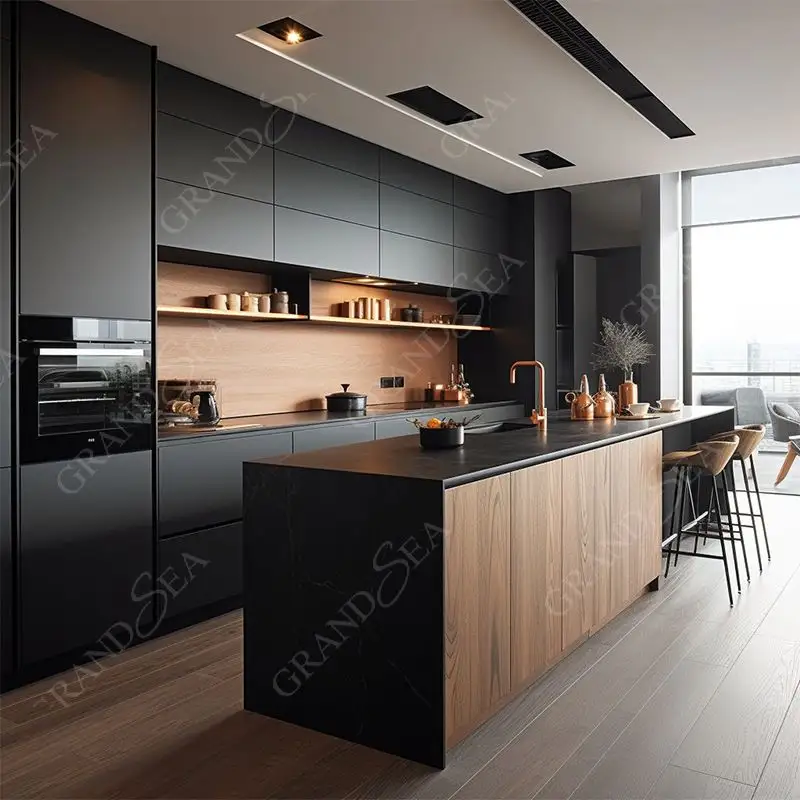 Armoires de cuisine en contreplaqué modernes personnalisées de haute qualité laqué noir mat armoires de cuisine modulaires en mélamine grain de bois conceptions