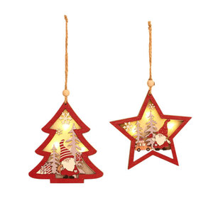 Nouvel Ornement Lumineux en Bois Vieilli Rouge de Noël, Motif Forêt, Ornement Étoile Ronde à Cinq Branches - Product Image 5