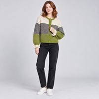 Cardigan en maille élégant pour femme, à blocs de couleur et rayures, col rond, boutonnage frontal, poignets à volants et manches bouffantes, style décontracté, faible MOQ