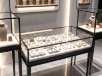 Meubles de magasin de bijoux haut de gamme sur mesure, table de présentation de bijoux en métal et verre, vitrine murale pour colliers avec éclairage LED