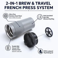 Mug Kopi French Press Stainless Steel 304 Logo Kustom, Tumbler Dinding Ganda Vakum Terisolasi, Tutup Lipat Anti Bocor, Bebas BPA, Grosir
