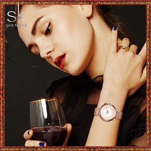 SHENGKE Offre Spéciale filles montre mains K0094L accepter Logo personnalisé en acier inoxydable <span class=keywords><strong>maille</strong></span> montre-bracelet de luxe dame noir/rose couleur - Product Image 5
