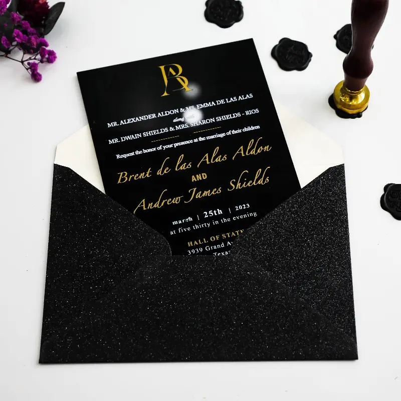 OEM ODM 고급 투명 블랙 미러 아크릴 성인식 생일 결혼식 초대 카드 반짝이 봉투 왁스 씰링