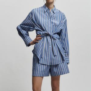 Nuevas llegadas al por mayor: Conjunto de dos piezas de lino y algodón para mujer, camisa modesta a rayas con solapa y pantalones de talle alto. - Product Image 1