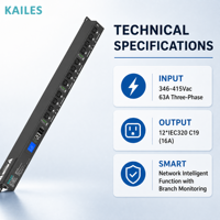 KAILES (KLS) KLS-K55 Série ZD PDU intelligent haute puissance 63A 346-415Vac 12 prises IEC320 C19 avec surveillance des branches, usage industriel, noir