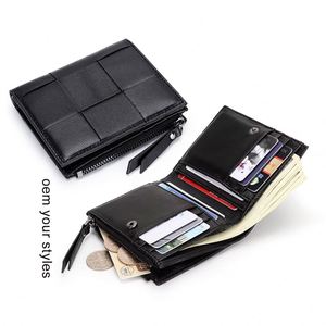 Portefeuille court en cuir véritable à motif tissé imitation, mini porte-monnaie à fermeture éclair pour cartes et billets - Product Image 2