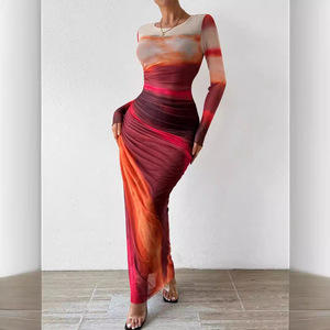 Vestido de moda Europeo Americano Estampado de malla floral Fruncido Casual Chic Verano - Product Image 3