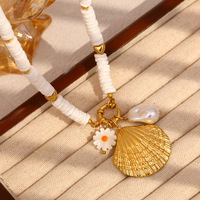Ensemble collier et bracelet en acier inoxydable plaqué or 18 carats avec pendentif coquillage - Collier coquillage style plage pour les vacances, au design unique
