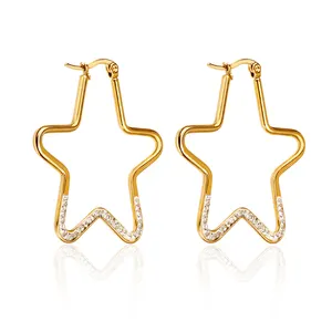Fashion Ladies 18K Gold Plated Stainless Steel Wire Large Pentagram Ring Earrings