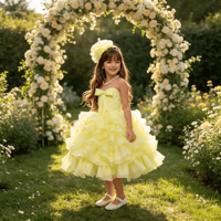 Robe mi-longue bouffante en organza à volants multicouches avec corsage à nœud pour filles, avec pince à cheveux fleur assortie, costume de princesse pour fête d'anniversaire