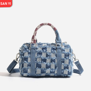 New Cute Cartoon Stitch Patchwork Denim Lace Checkerboard Shoulder <strong>Bag</strong> Handbag for Women - Product Image 3
