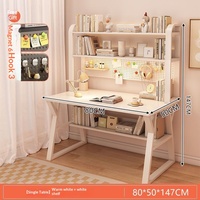 Wit houten bureau met wandplank, modern computerbureau, thuiskantoor meubilair, studeertafel, schrijftafel met opbergruimte