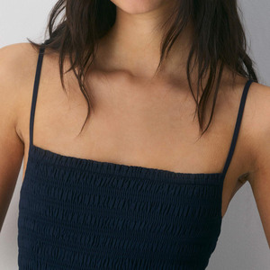 Mini robe smockée en mousseline de soie pour femmes, col carré, double couche, jupe fluide, dos nu, en mousseline de soie bleu marine, robe de soirée décontractée - Product Image 5