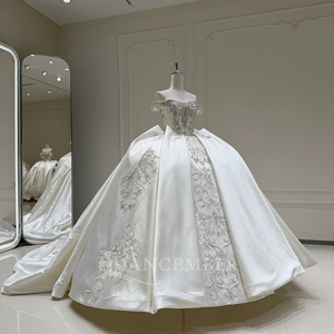 Robe de bal de Quinceañera moderne Xx83 à imprimé floral, en satin, avec appliques de perles et cristaux, traîne chapelle, vente en gros - Product Image 4