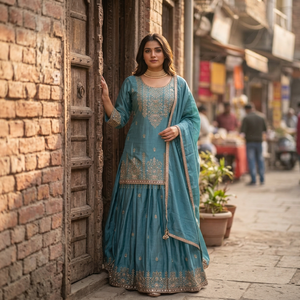 Ensemble Sharara en soie brodée bleu sarcelle avec dupatta, tenue traditionnelle indienne et pakistanaise pour femmes, coupe ample longue jusqu'au sol, toutes saisons - Product Image 1