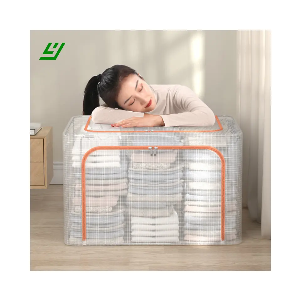 Tas penyimpanan nyaman kotak penyimpanan grid PVC transparan dapat dilipat laci grosir penyimpanan baju untuk selimut pakaian