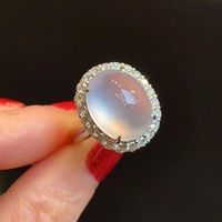 Bague Tendance et Élégante pour Femme, Sertie Halo, Bijou de Bal, en Agate de Calcédoine Naturelle Blanc Glace de Haute Qualité, Forme Œuf de Pigeon
