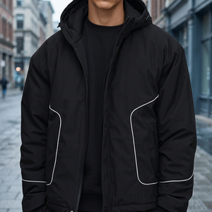 Men's Black Hooded Puffer Jacket Windproof Thick Polyester Wadding Casual Winter <b>Coat</b> with White <b>Stitching</b> Zipper Closure - Product Image 4