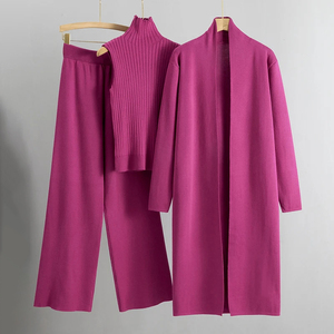 Completo da donna primaverile autunnale casual con <span class=keywords><strong>fiori</strong></span> frontali, due pezzi, <span class=keywords><strong>cardigan</strong></span> e pantaloni in maglia spessa e traspirante - Product Image 2