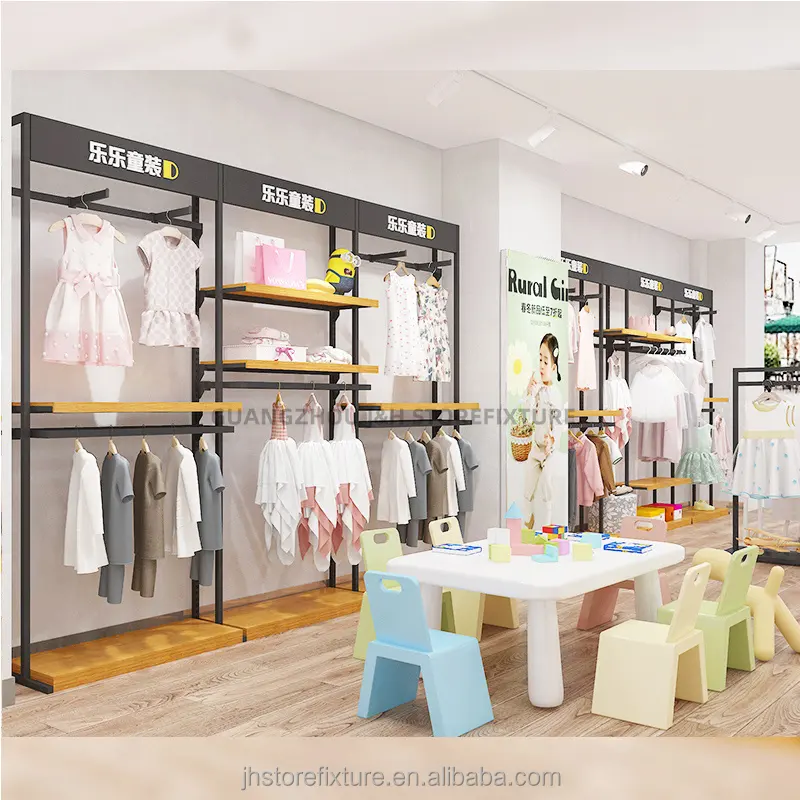 free 3d design interior layout kids men clothes shop black wood display rack shelves for fashion men clothing