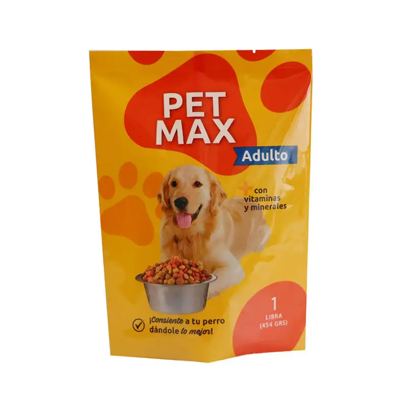 kundenspezifisches design 1 lb kunststoff pet/pe stehender verpackungsbeutel für geflügel hund tierfutter dreiseitiger verschluss haustier hund katze nahrungsmittel verpackungsbeutel