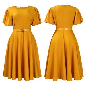 Elegant Summer Puff Short Sleeve career <b>dresses</b> O-neck A-line Ruched <b>ladies</b> office <b>dress</b> High Waist Solid Color <b>african</b> <b>dress</b> - Product Image 1