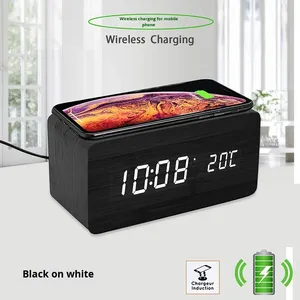 High Quality <b>LED</b> Wooden Alarm <b>Clock</b> Adjustable Brightness Wireless Charging Digital Display Quartz Electronic Acoustic Control - Product Image 2