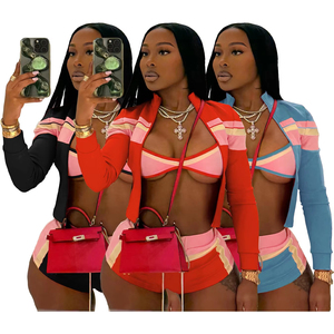 Conjunto de tres piezas de moda para mujer: top de manga larga con estampado y costuras, shorts y top corto con tirantes al pecho, ideal para el verano. - Product Image 2
