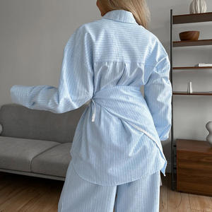 Women's Patchwork Lace Striped Collar Long-Sleeve Shirt & Casual Wide-Leg <b>Pants</b> Set Fashion - Product Image 3