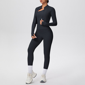 YIYI Ensemble de yoga 3 pièces à séchage rapide pour femme, col montant, manches longues, tenue de yoga asymétrique à une épaule, taille haute, contrôle du ventre, tenue de sport - Product Image 3