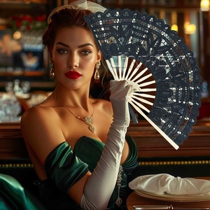 Abanicos de mano de boda de encaje personalizado de 27cm de alta calidad con mango de Bambú - Product Image 3