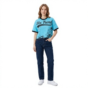 Camiseta de manga corta azul para mujer Six Trend, cuello redondo, color liso, informal, top de verano, 100% algodón, ajuste regular, transpirable, con letras - Product Image 1