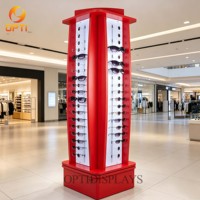 Floor Standing Rotating Sunglasses Display Tower, Wooden Eyewear Display Rack with Lockable Cabinet for Optical Store & Mall