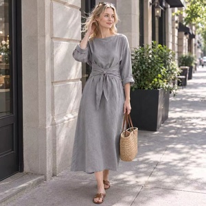 Abito Casual in <span class=keywords><strong>Lino</strong></span> Personalizzato, Nuova Collezione Primavera 2023, <span class=keywords><strong>Vestito</strong></span> <span class=keywords><strong>Lungo</strong></span> Estivo da <span class=keywords><strong>Donna</strong></span> con Maniche Lunghe - Product Image 4