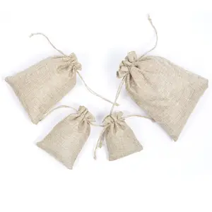Bolsas de arpillera de lino duraderas, de alta calidad, con logotipo personalizado, promoción, cordón de yute, tamaño personalizado, bolsas de regalo