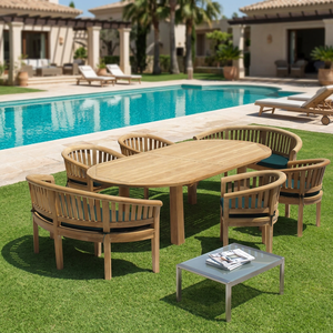 Ensemble de table et banc ovales en teck moderne, pliable, pour l'extérieur, meubles de jardin - Product Image 1