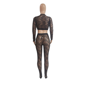 Conjunto de 2 piezas de malla transparente con aberturas para mujer: Top corto con cuello en V y leggings ajustados a juego, ideal para ropa urbana y discoteca. - Product Image 5