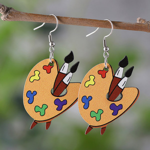 Pendientes de madera, regalo del Día del maestro, colgante de paleta de pinceles para estudiantes de arte, pendientes de doble cara para mujeres Uionen 1100 - Product Image 1