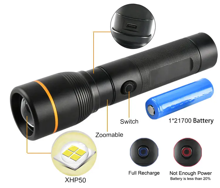 Lampe torche personnalisée longue distance zoom haute puissance USB lampe de poche étanche super lumineuse XHP50 puissante LED rechargeable