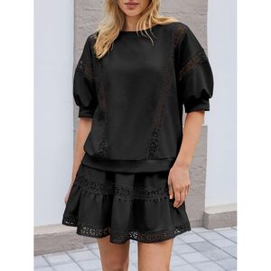 Ensemble 2 pièces personnalisé pour femme, avec dentelle, manches courtes bouffantes, style coquette, tenue d'été, longueur au-dessus du genou, couleur unie, polyester et coton - Product Image 2